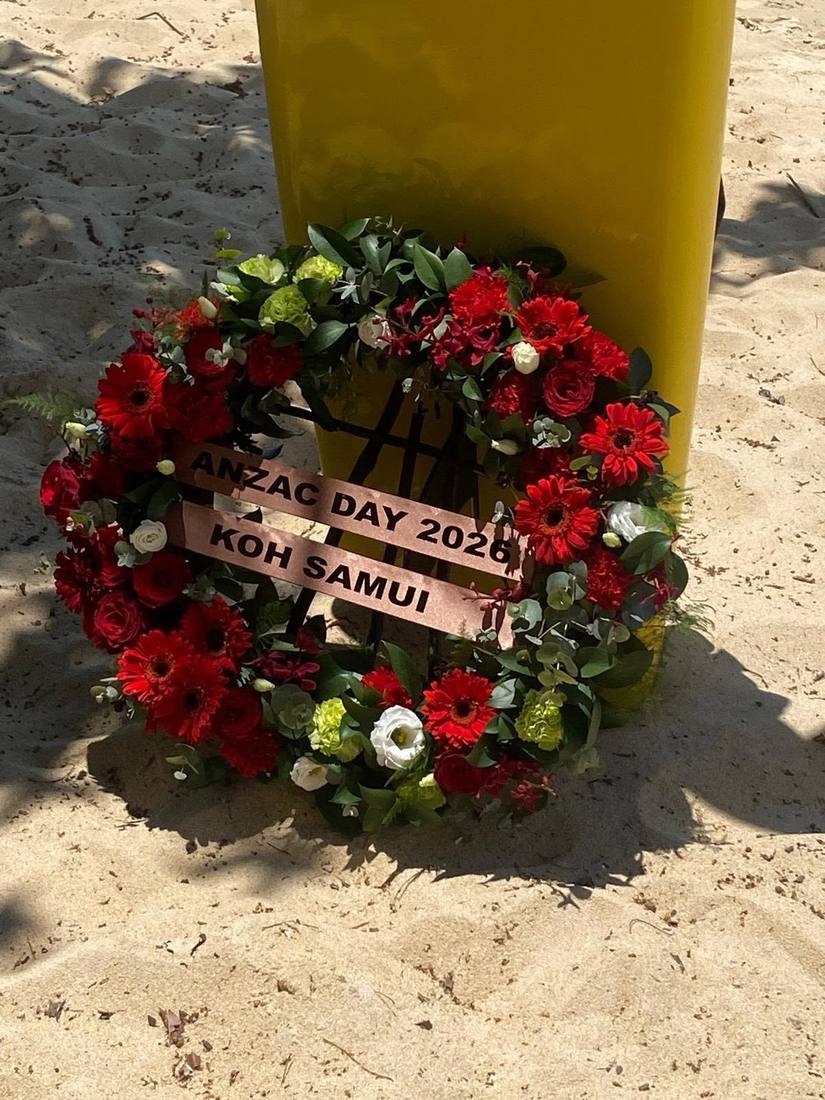 Anzac Day wreath on the beach supported by Bloom Samui