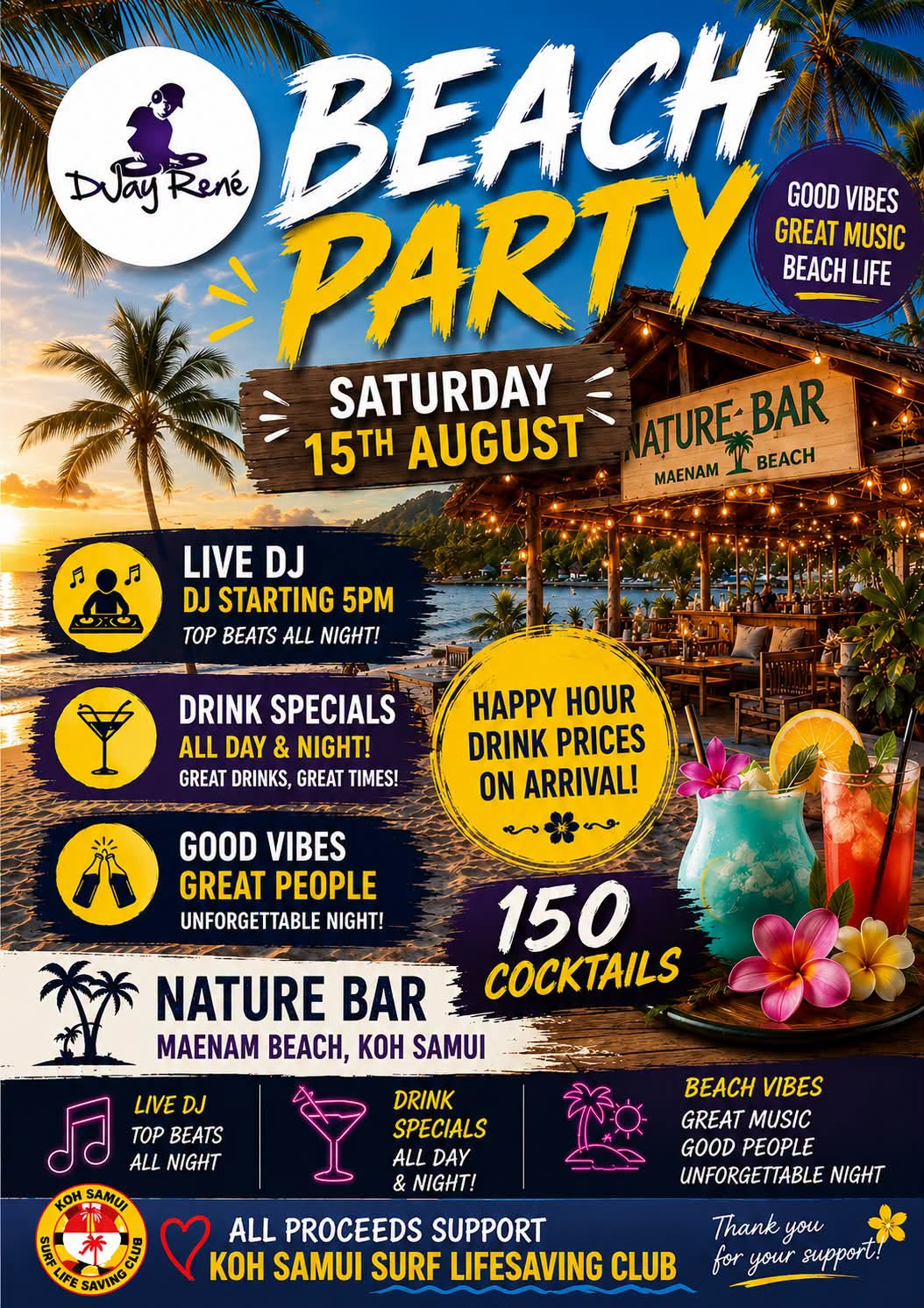 Beach Party flyer for 15 August 2026