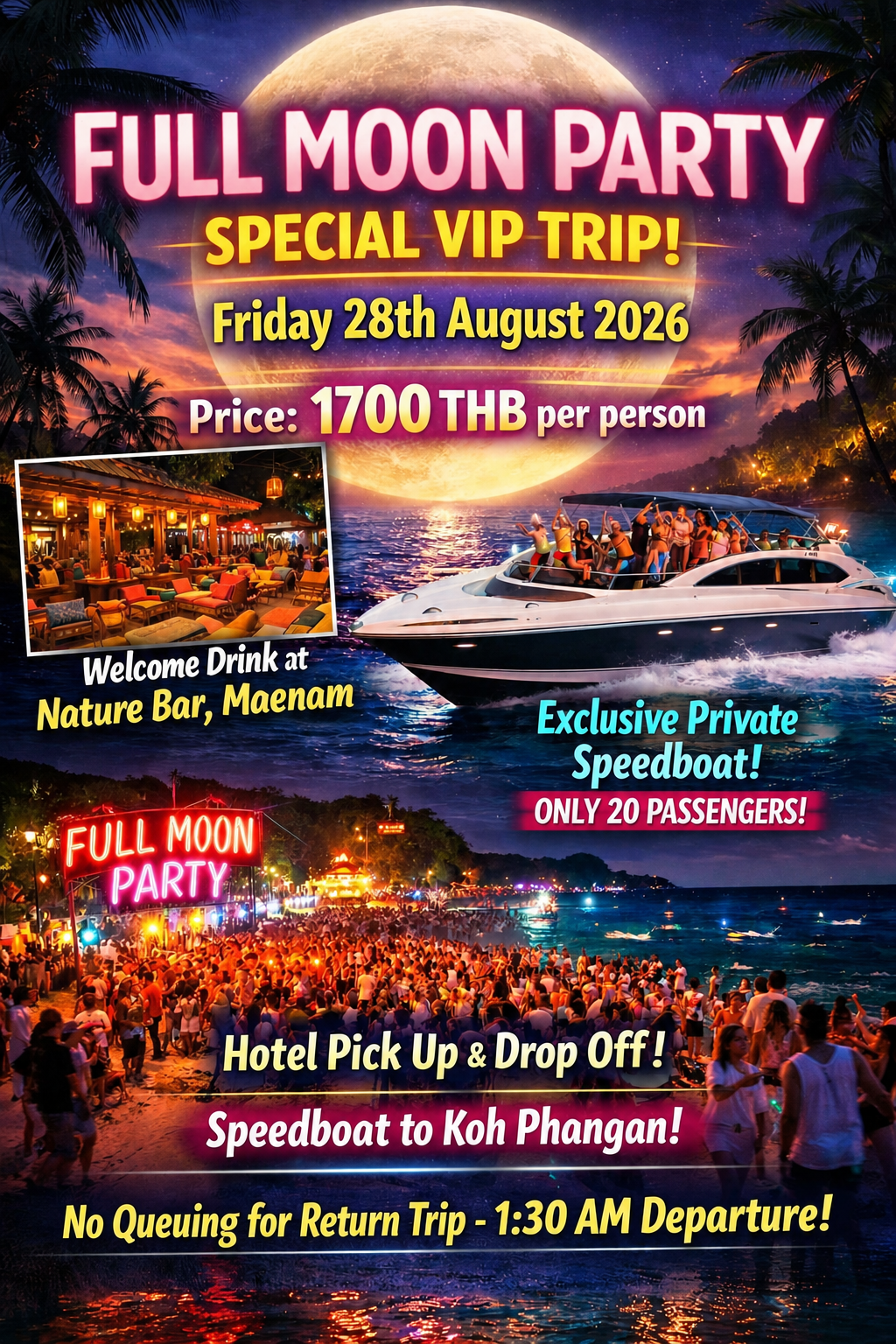 Full Moon Party Special VIP Trip flyer for Friday 28th August 2026